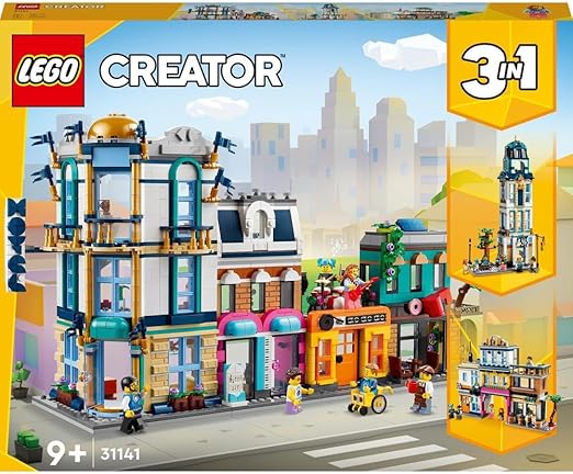 LEGO 31141 Creator 3in1 Main Street to Art Deco Skyscraper or Market Street Building Set, Building Toy with Model Hotel, Café, Apartments and Shops, Creative Construction Model Kit