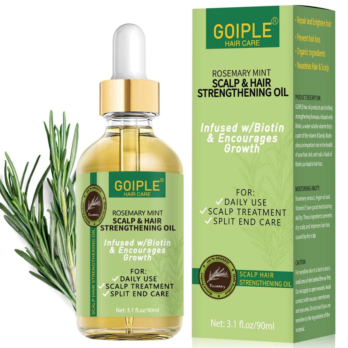 WOZUTUNT Organic Rosemary Oil For Hair Growth 3.1 FL OZ, Pure Natural Scalp Hair Growth Oil With Essential Oils, Rosemary Hair Oil Nourishing Treatment For Split Ends, Dry Scalp, Hair Growth