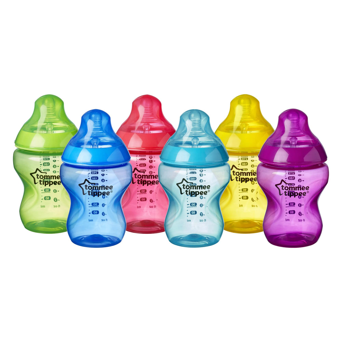 Tommee Tippee Closer to Nature® Baby Bottles, Breast-Like Teat with Anti-Colic Valve, 260ml, Pack of 6, Fiesta