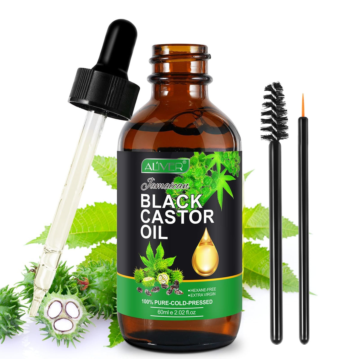 ALIVER Organic Castor Oil 100% Pure & Natural Massage Oil,Cold Pressed Jamaican Black Castor Oil for Skin Conditioning, Hair and Eyelash Growth,Nourish the Scalp,Dry Skin - 60ml/2oz