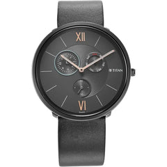 Titan Men Leather Analog Grey Dial Watch-1877Ql01/Nr1877Ql01, Band Color-Black