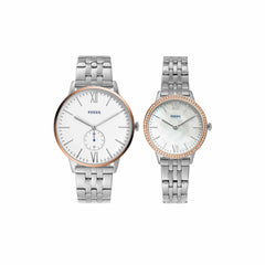 Fossil Unisex His and Her Gift Set, The Andy and Addison Quartz Stainless Steel Watch Set, Silver, Quartz Watch