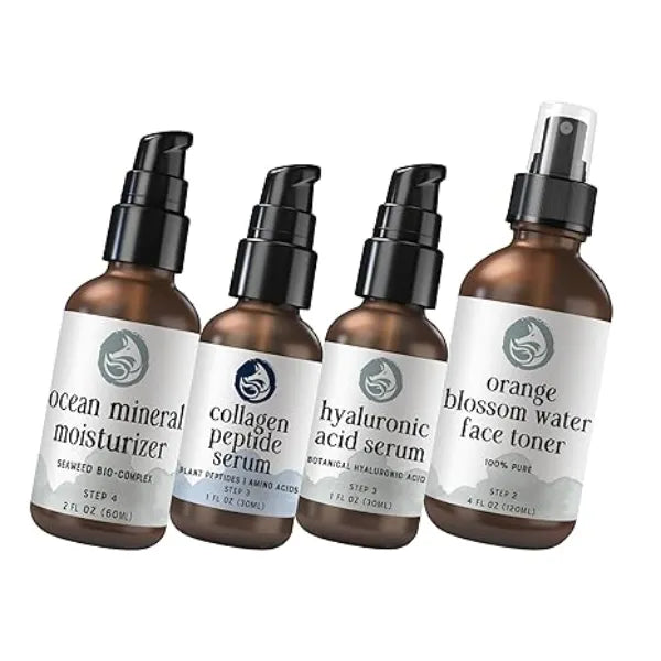 Foxbrim Naturals Revitalizing Skincare Quartet Ocean Mineral Moisturizer, Peptide Collagen Serum, Hyaluronic Acid Face Serum & Orange Blossom Toner