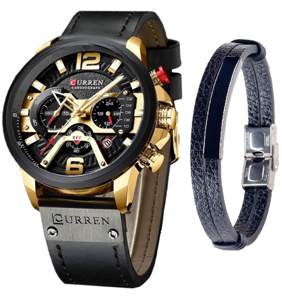 CURREN Watches Men Quartz Leather Chronograph Watch and Fashion Bracelet Set Blue Watches for Men Luxury Wristwatch Gifts (Gold)