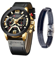 CURREN Watches Men Quartz Leather Chronograph Watch and Fashion Bracelet Set Blue Watches for Men Luxury Wristwatch Gifts (Gold)