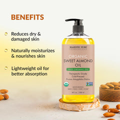 Majestic Pure USDA Organic Sweet Almond Body Oil | Large 236 ml | 100% Pure & Natural Cold Pressed Oil Sweet Almond Oil for Skin, Face, Nails, Hair, Scalp & Massage - 236 ml