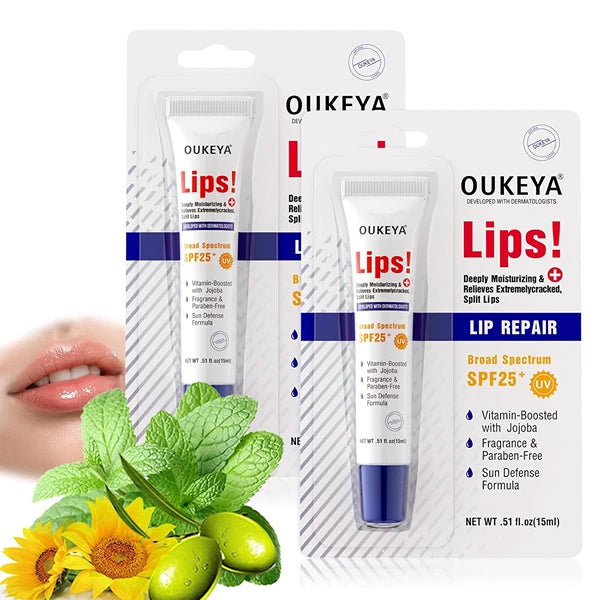 OUKEYA 2 Pack, Medicated Lip Balm w/Organic & 100% Natural Ingredients, Squeeze Tube Lip Butter SPF 25+ Long-Lasting Moisturizing Overnight Lip Mask Gentle Exfoliation Extreme Dry Lips Treatment