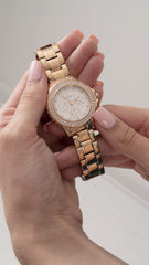 GUESS Ladies Sport Crystal Multifunction 36mm Watch – White Dial Rose Gold-Tone Stainless Steel Case with Blue Silicone Strap
