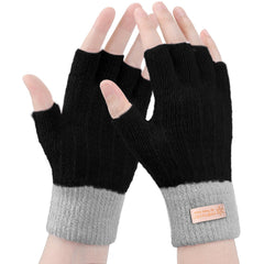 Fingerless Gloves for Women Warm - Winter Thermal Gloves Knitted Soft Half Fingers Mittens for Cold Weather Typing Working Driving - Black/Gray