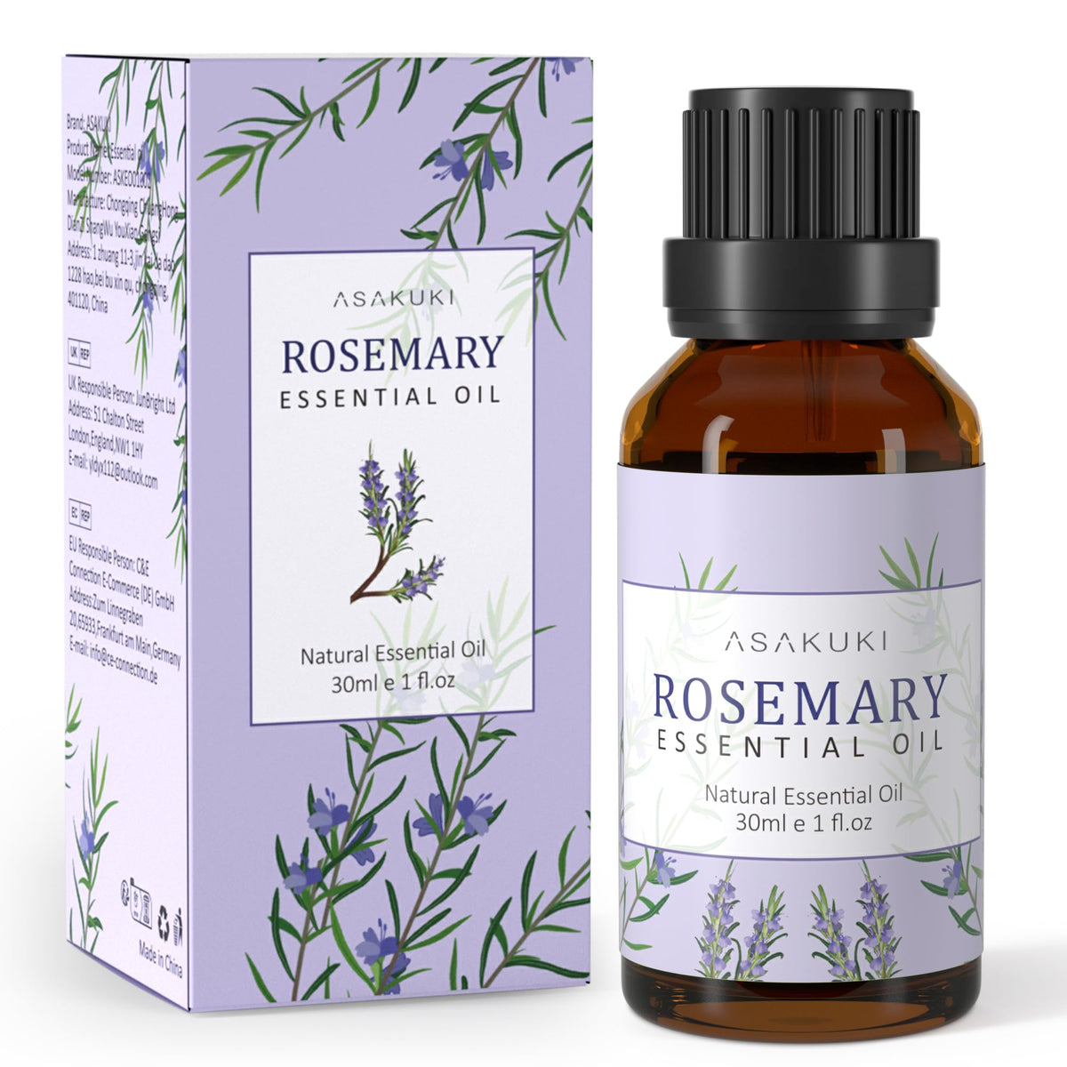 ASAKUKI Rosemary Essential Oils 30ml, 100% Natural Therapeutic Grade, Aromatherapy Oil for Better Sleep, Health Care, Relaxation, Ideal for Diffuser & Humidifier