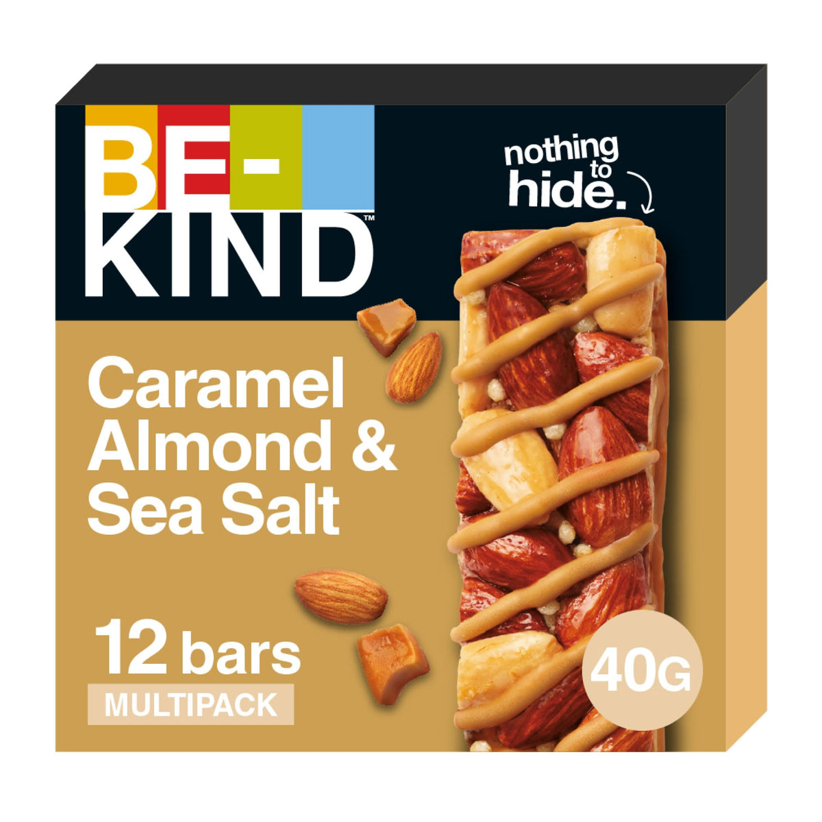 BE-KIND Caramel Almond Nut & Sea Salt Snack Bar, Gluten Free Snacks, High Fibre, Source of Protein, No Artificial Preservatives, No Artificial Colors, No Artificial Flavours - 40g, Pack of 12