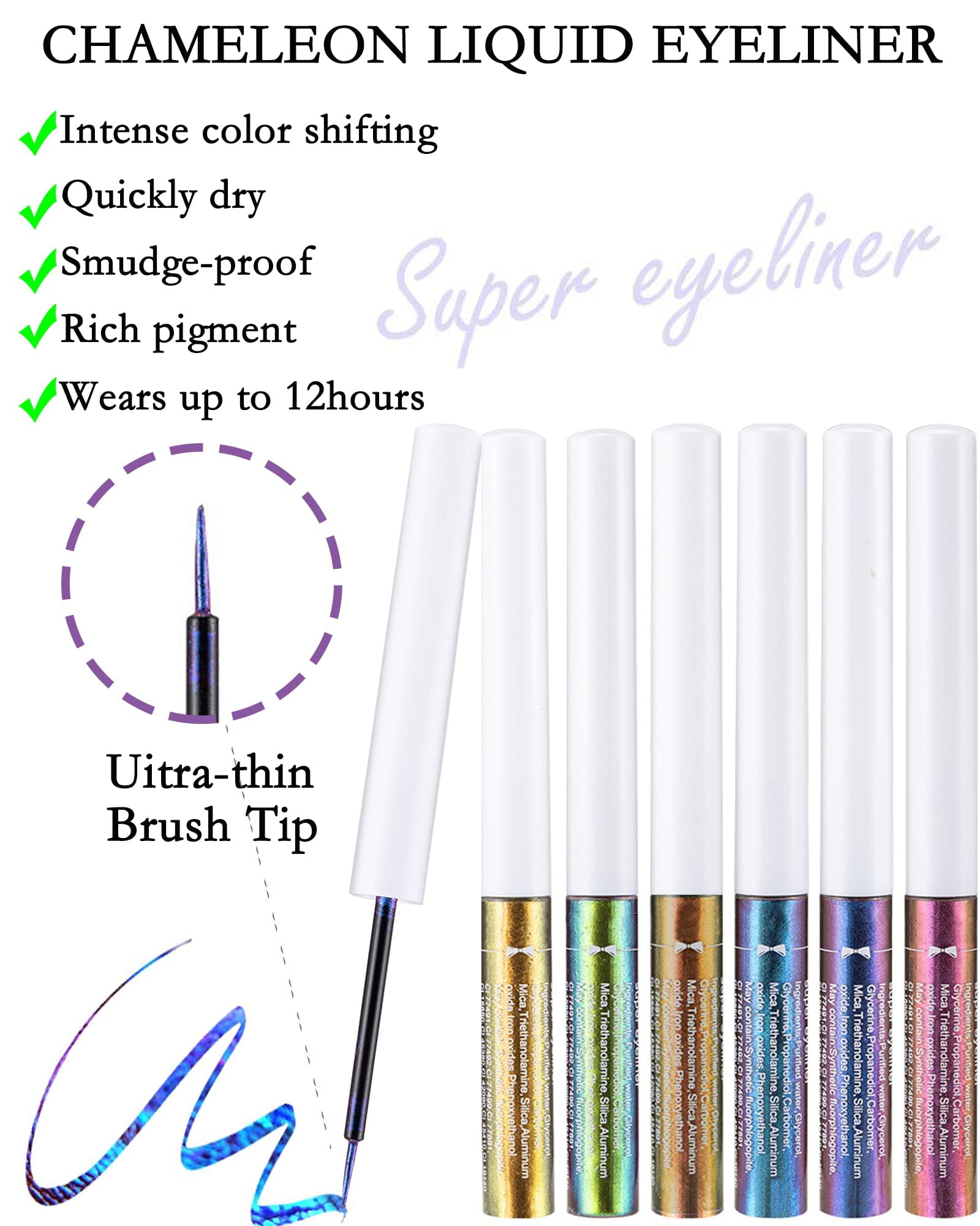 TERRIFI Chameleon Multichrome Glitter Eyeliner Liquid Kit-6pcs, Metallic Glitter Shimmer Eye Shadow Set Long Lasting Waterproof Multichrome Eyeshadows Glitter Makeup Set