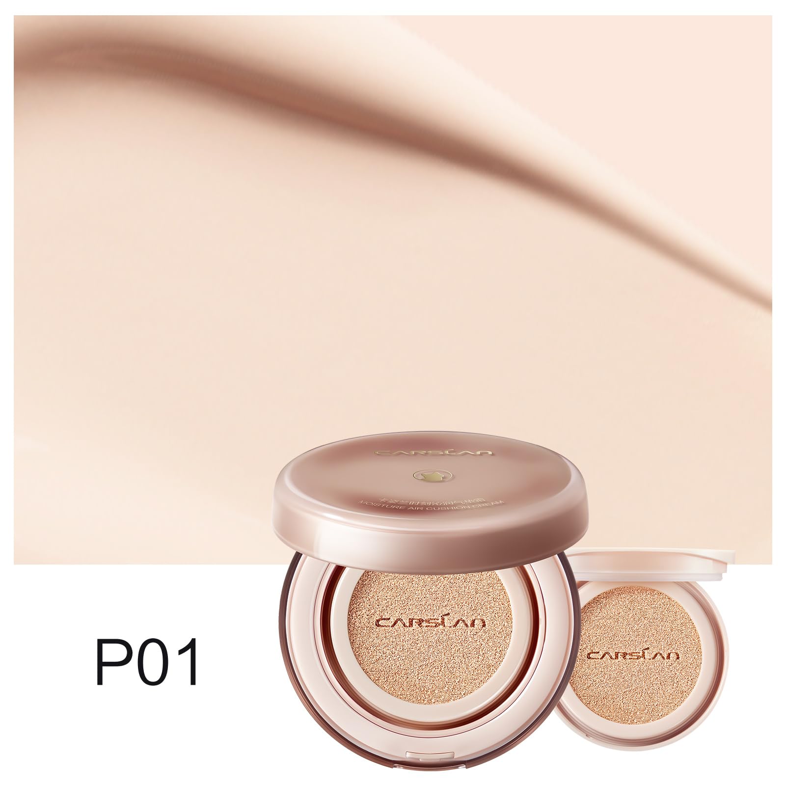 CARSLAN Moisture Air Cushion Cream Face Foundation Makeup, Lightweight, Full Dewy Coverage, Builable Glow, Finish Foundation with Hyaluronic acid, P01 Fair Pink For Dry Skin (Refill Included)