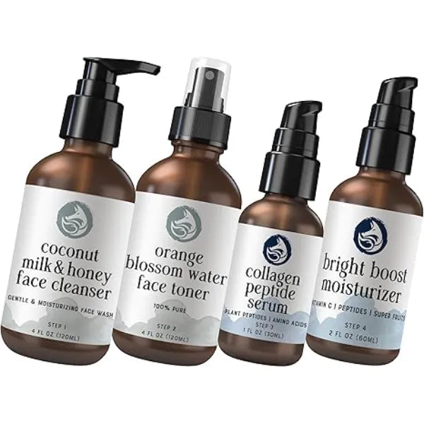 Foxbrim Naturals Radiant Skincare Essentials Milk & Honey Cleanser, Orange Blossom Toner, Peptide Collagen Serum & Bright Boost Moisturizer