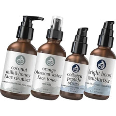 Foxbrim Naturals Radiant Skincare Essentials Milk & Honey Cleanser, Orange Blossom Toner, Peptide Collagen Serum & Bright Boost Moisturizer