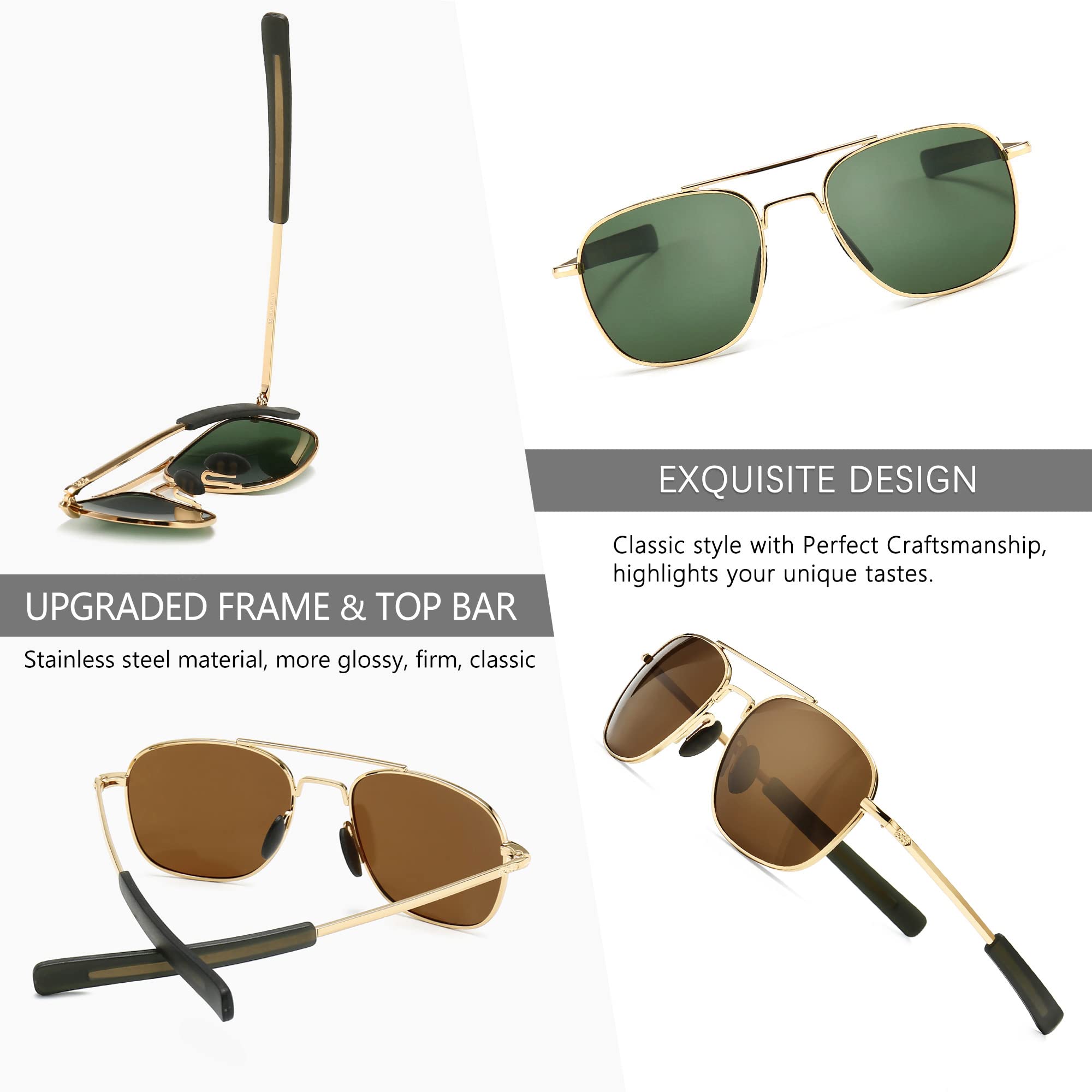 SUNGAIT Men's Military Style Polarized Pilot Aviator Sunglasses Bayonet Temples