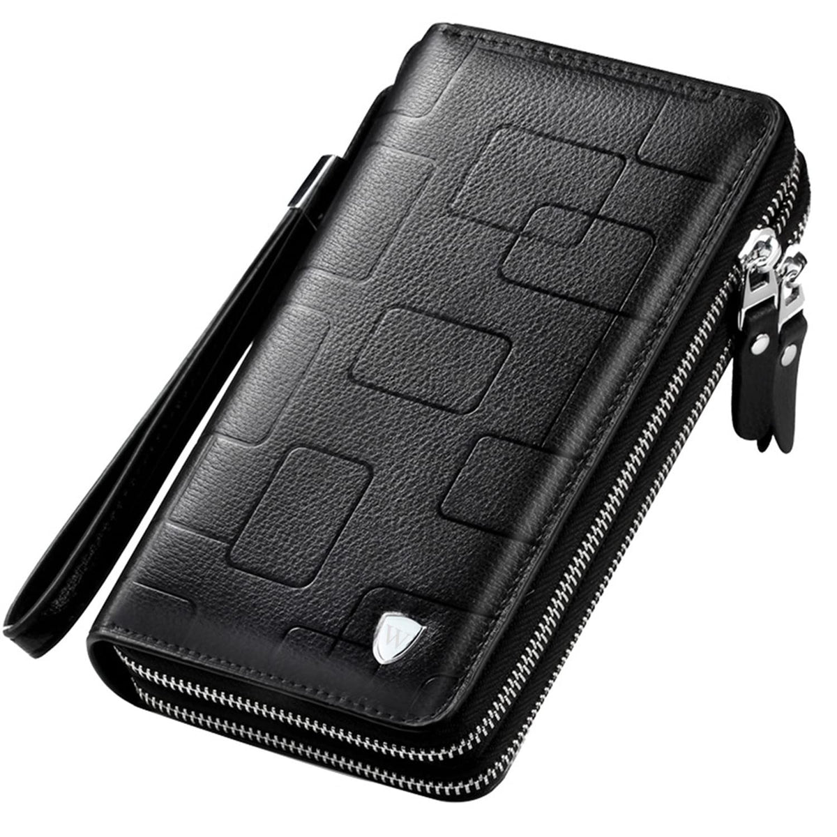 Mens Clutch Bag Handbag Genuine Leather Purse Zipper Long Wallet Business Large Hand Clutch Phone Holder - Stripe Black Double Zipper