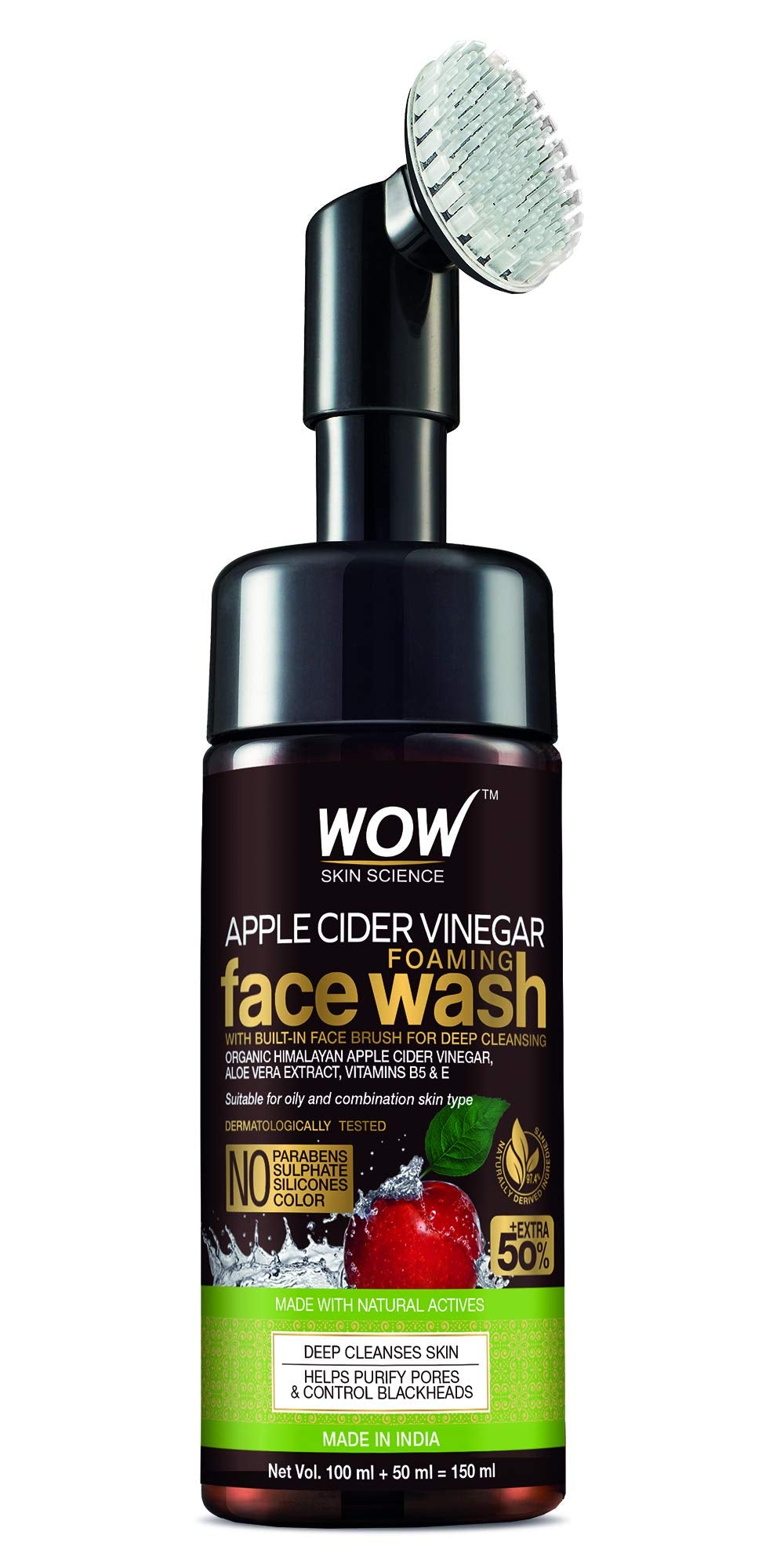 WOW Skin Science Apple Cider Vinegar Foaming Face Wash, No Parabens, Sulphate, Silicones & Color with Built-in Brush - 150mL