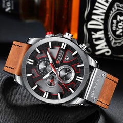 CURREN Mens Water Resistant Sport Chronograph Watches Military Multifunction Leather Quartz Wrist Watches, silver brown, Chronograph,Quartz Movement