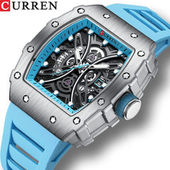 CURREN New Rectangular Luminous Watch Men Sports Casual Silicone Bracelet Semi Hollow Auto Date Dail Wristwatch 8438 - Sky blue