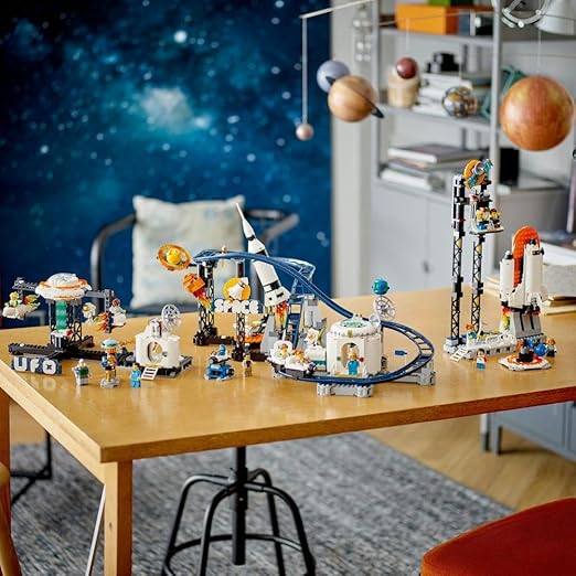 LEGO 31142 Creator 3in1 Space Roller Coaster to Drop Tower or Merry-Go-Round Set, Fairgound Ride Models, Building Toy with Space Rocket, Planets and Light Up Bricks