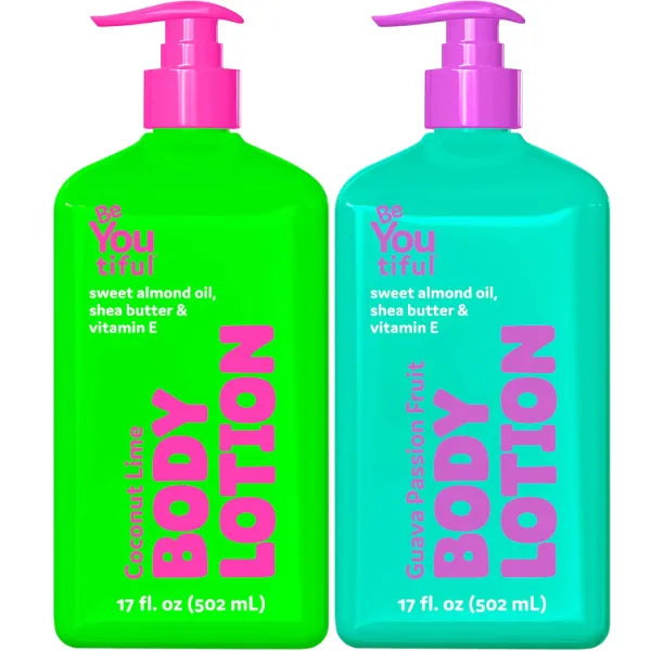 BeYoutiful Natural Hydrating Body Lotion Variety Pack for Kids & Teens, Guava Passionfruit & Coconut Lime Moisturizer Set for Dry Skin, Cruelty-Free, Sweet Almond Oil & Vitamin E, 2-Pack 17oz