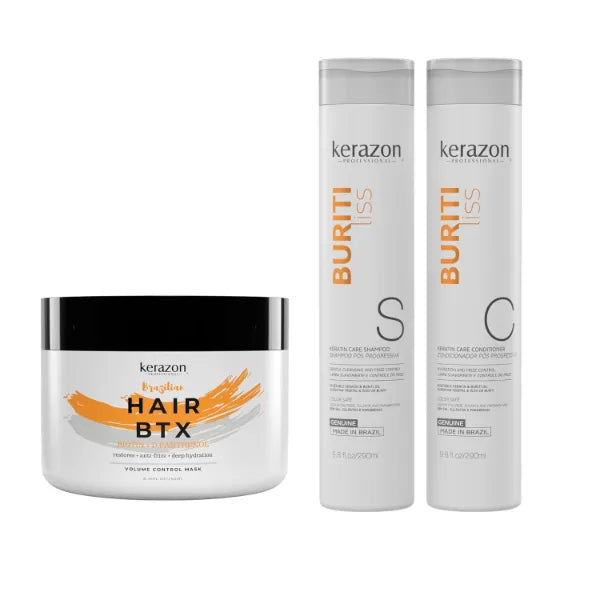 Kerazon Professional Brazilian Hair BTX Treatment For All Hair Types + Sulfate Free and Sodium Free Shampoo & Conditioner KIT