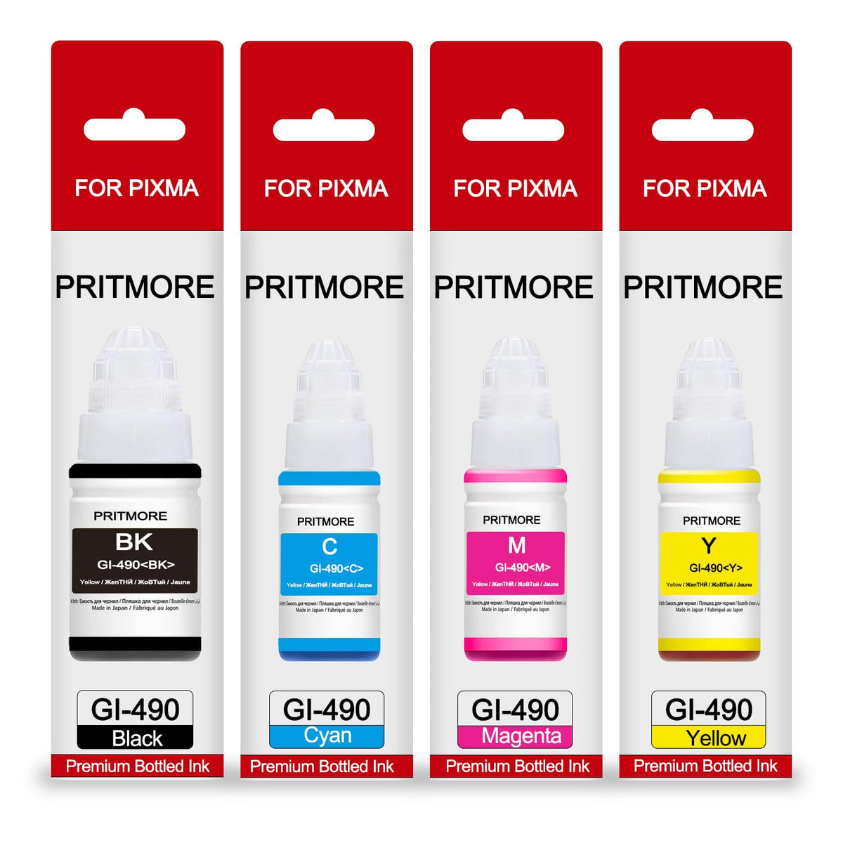 PRITMORE GI-490 Replacement Ink Bottle with 4 Colors for Canon GI-490 Printer, GI 490, for use with Pixma G3400 G3410 G2400 G1400 G1411 G2411 G3411 Printers, Prints up to 8000 pages (Black x1, Cyan x1, Magenta x1, Yellow x1)