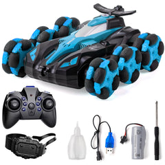RC Car Toys, 6WD Remote Control Stunt Car, All-Terrain RC Car with 360° Swing-Arm, LED Lights, Music, Smoke Effects, 900 mAh Battery, Dual 2.4 Ghz & Motion-Sense Control - Toys for Kids (Blue)