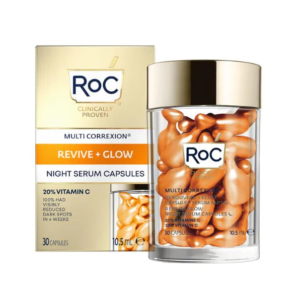 RoC Multi Correxion Revive + Glow 20% Pure Vitamin C Night Serum Capsules for Brightening, Dark Spots, and Texture, 30 count