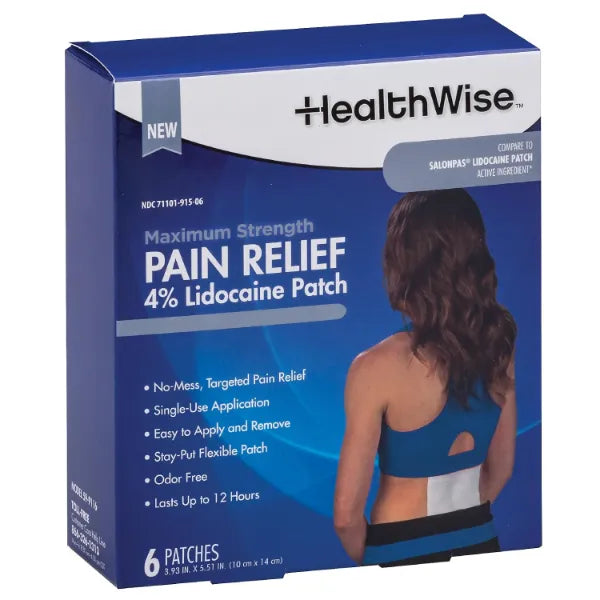 HealthWise Maximum OTC Strength 4% Lidocaine Pain Relief Patch, 6 Count