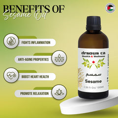 Drsous Ca Organic Sesame Seed Oil 100ml | 100% Cold Pressed Virgin Sesame Undiluted Therapeutic Grade Massage Oil | Soothes Skin and Good for Hair Growth | Made in Palestine