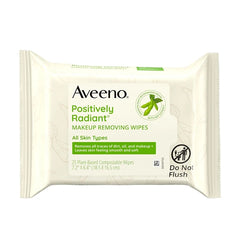 Aveeno Positively Radiant Makeup Remover Wipes, Gentle Individual Face Wipes with Moisture-rich Soy Extract to help leave your skin looking bright, Hypoallergenic Formula, Non-Comedogenic