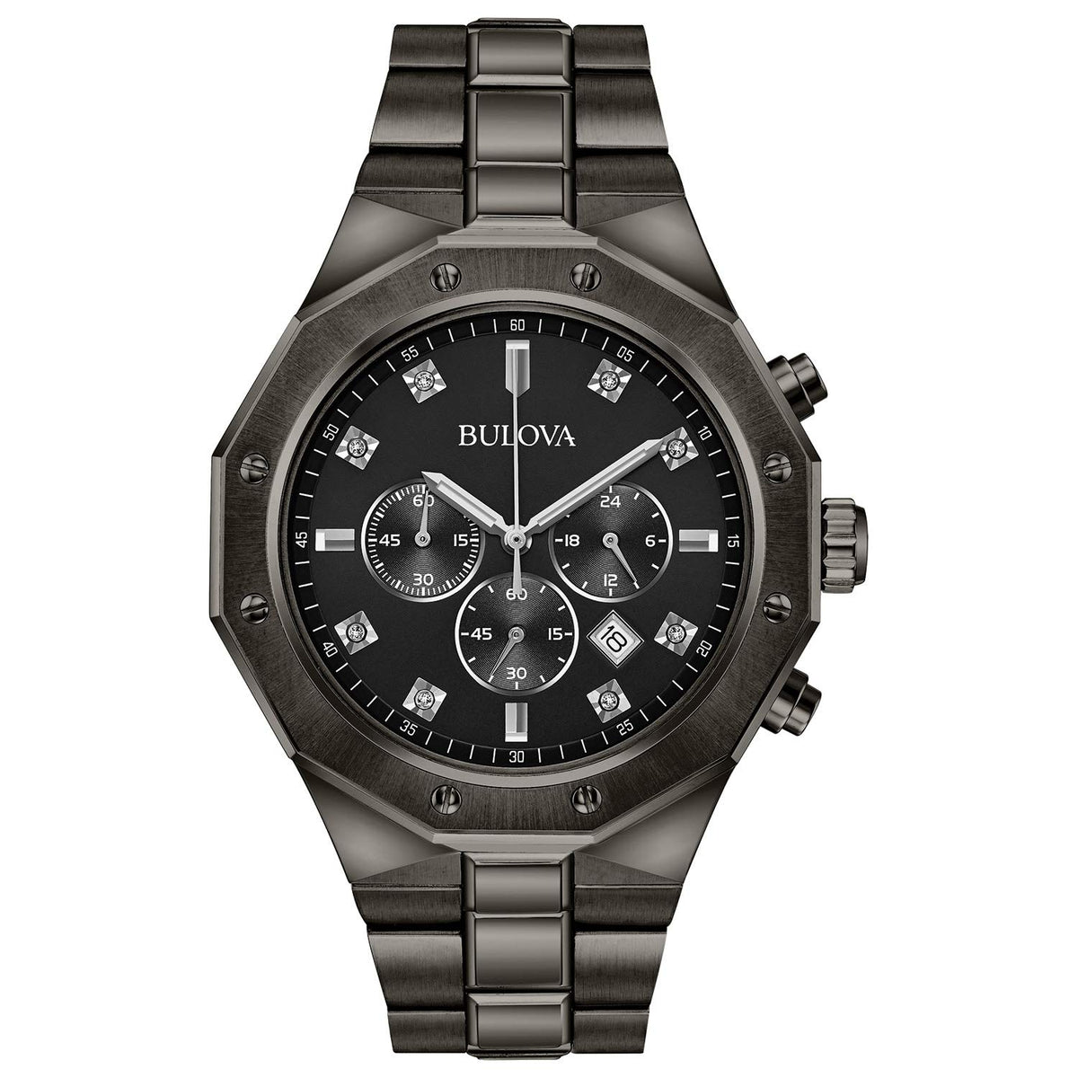 Bulova Men's Classic Diamond 6-Hand Chronograph Quartz Watch, Calendar Date, Luminous Markers, 100M Water Resistant, 44mm - Gray