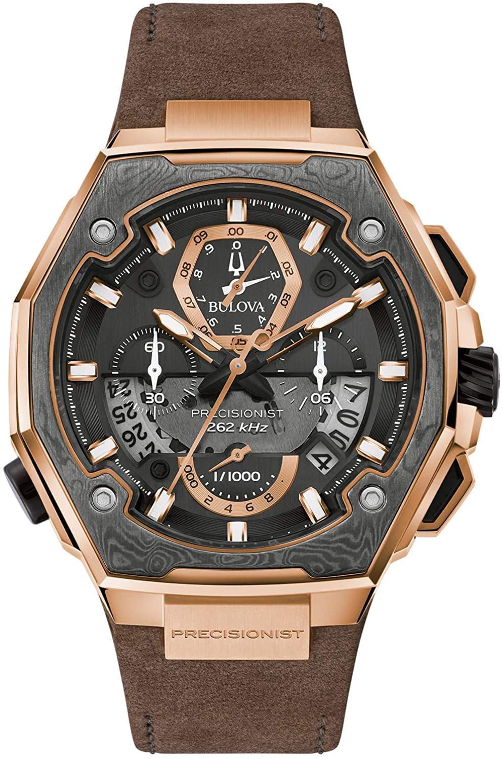 Bulova Men's Series X High Precision Quartz Chronograph Watch, Sapphire Crystal, Continous Sweeping Secondhand - Rose Gold/Brown Leather Strap