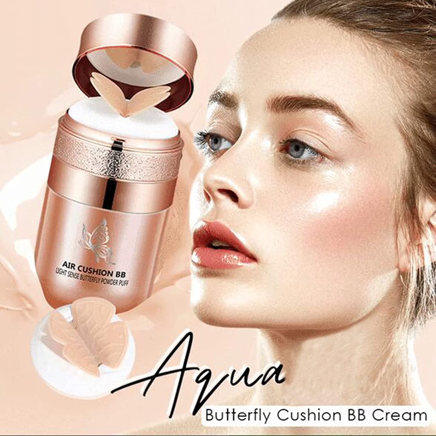 Butterfly Cushion BB Cream, Air Cushion CC Cream, Moisturizing Concealer, Bright Makeup Base Long Lasting, with Butterfly Makeup Puff, Easy to Use (Natural Skin Color)