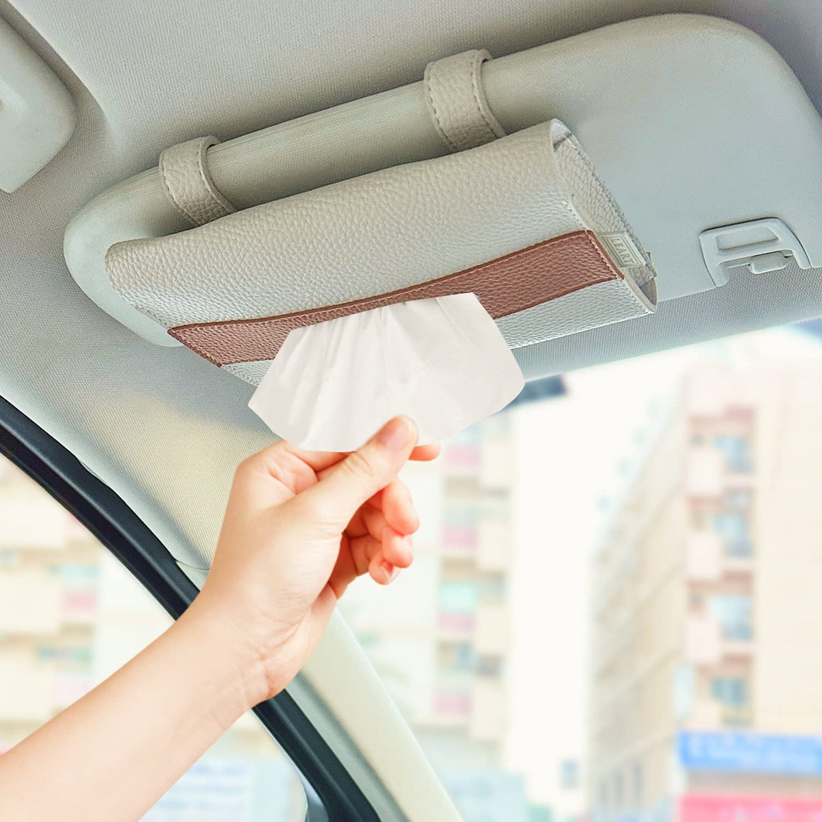 LEART Car Tissue Holder Leather – Tissue Box Holder for Car | Car Accessories Interior | Tissue Box for Car | Car Tissue Box | Hanging Tissue Box Holder (Camel Visor)