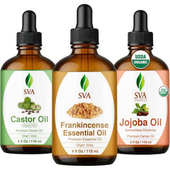 SVA ORGANICS Frankincense Serrata, Jojoba and Castor Oil 4 oz Bundle – Premium Grade Value Set for Hair Oiling, Scalp Massage, Hair Care, Skin Care and Body Massage