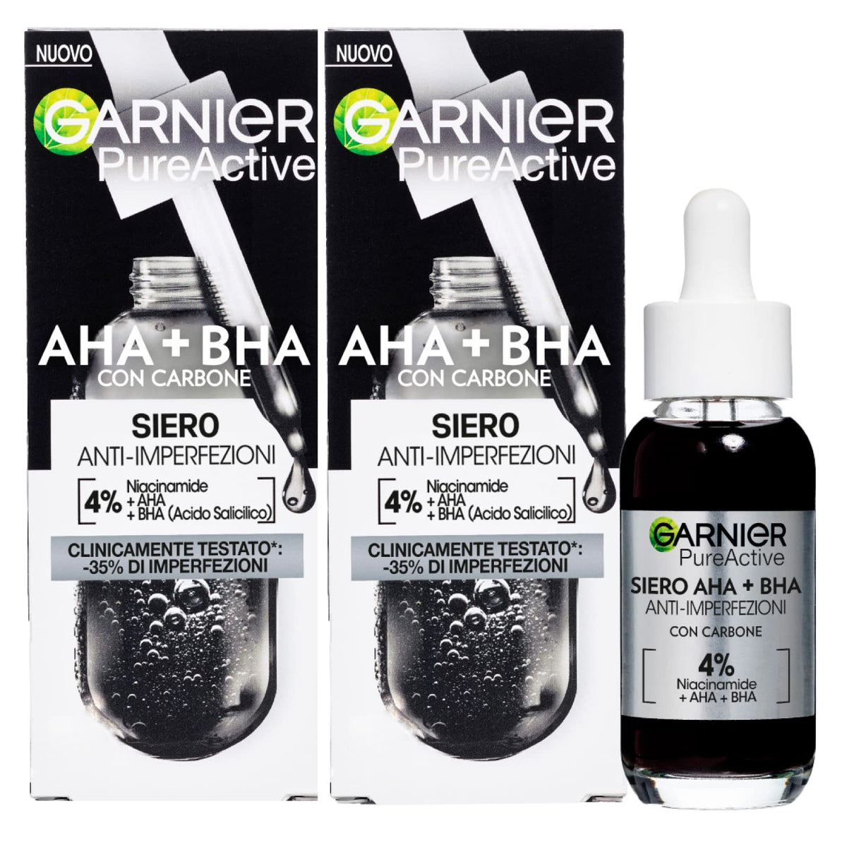 Garnier Pure Active Anti-Blemish Face Serum with Niacinamide, Activated Carbon, AHA, BHA, for Spots and Blackheads, Mattifying and Even-Finishing Formula, No Residue - 2 x 30ml Bottles