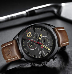 Herren-Armbanduhr mit Lederarmband, klassisch, lssig, Edelstahl, wasserdicht, Chronograph, Datum, analog, Quarzuhr - Black