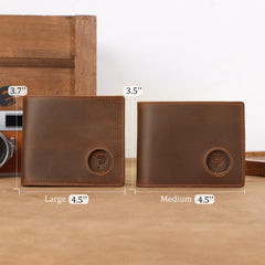 Polare Men's RFID Blocking Cowboy Genuine Natural Crazy Horse Leather Bifold Wallet - Brown-Medium with AirTag Slot