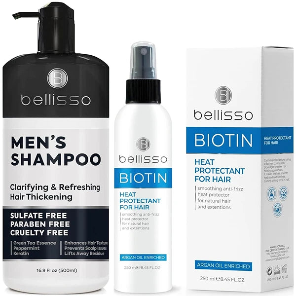 BELLISSO Shampoo for Men and Biotin Heat Protection Hair Spray with Moroccan Argan Oil