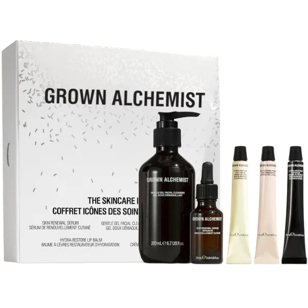 Grown Alchemist Skincare Icons Holiday Gift Set Kit, Hydra-Restore Lip Balm, Gentle Gel Facial Cleanser, Hydra-Restore Day Cream, Skin Renewal Serum & Skin Defense Primer. Hydrating & Anti-Aging Set