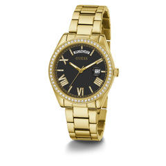 GUESS 36mm Stainless Steel Day-Date Watch with Coin Edge Bezel, Silver-Tone/Blue