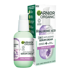 Garnier Organic Lavandin & Hyaluronic Acid Serum Cream, 2in1 Formula With Hyaluronic Acid serum & Hydrating Moisturiser, Replumps Skin & Reduces Fine Lines, Organic & Vegan Formula, 50ml