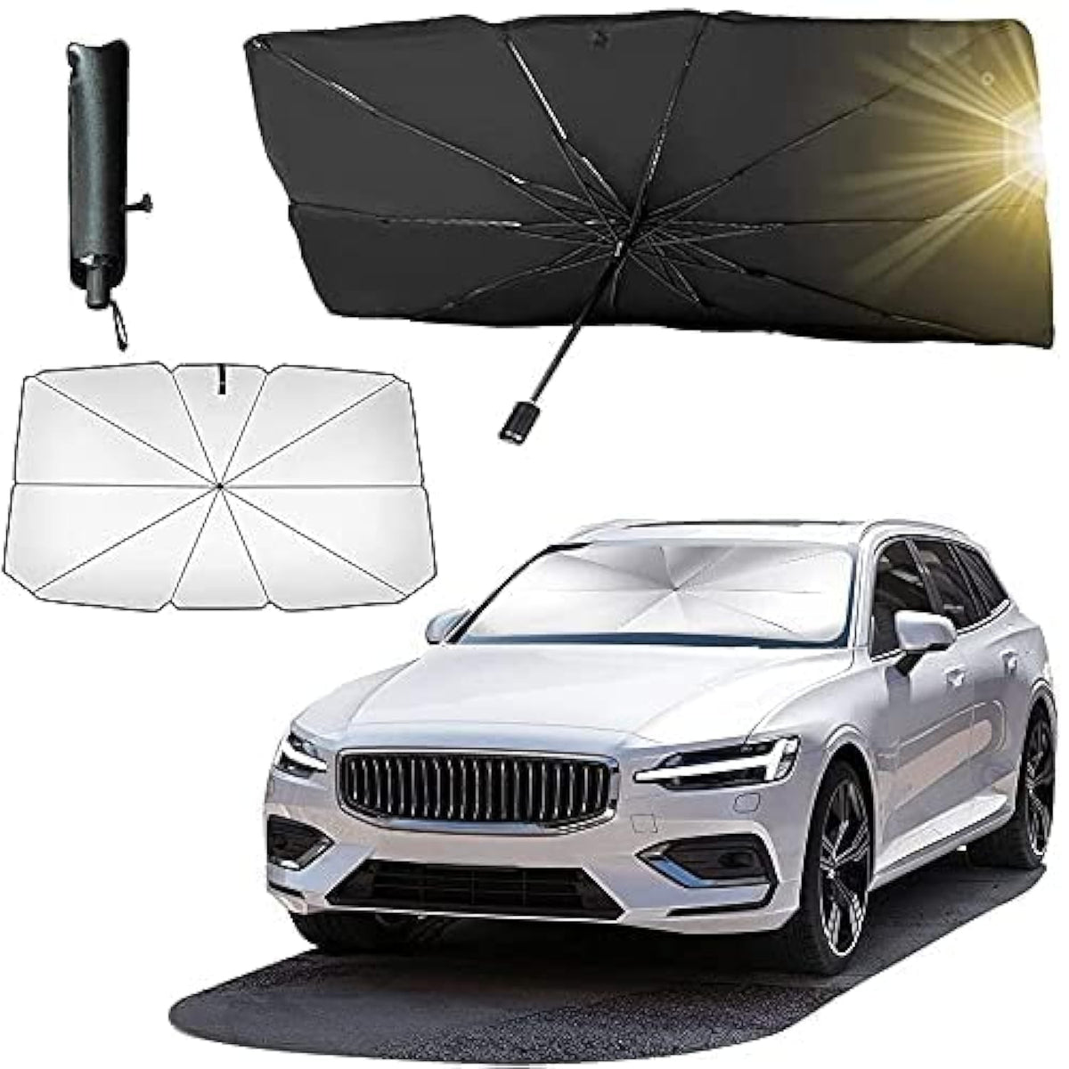 TDOO Car Sun Shade,for Car Front Windshield, Car Umbrella Sun Shade Cover, Foldable UV Reflector And Heat, Sunshade for Cars, Fits Most Vans SUVS (57 x 31 In) (A), Black