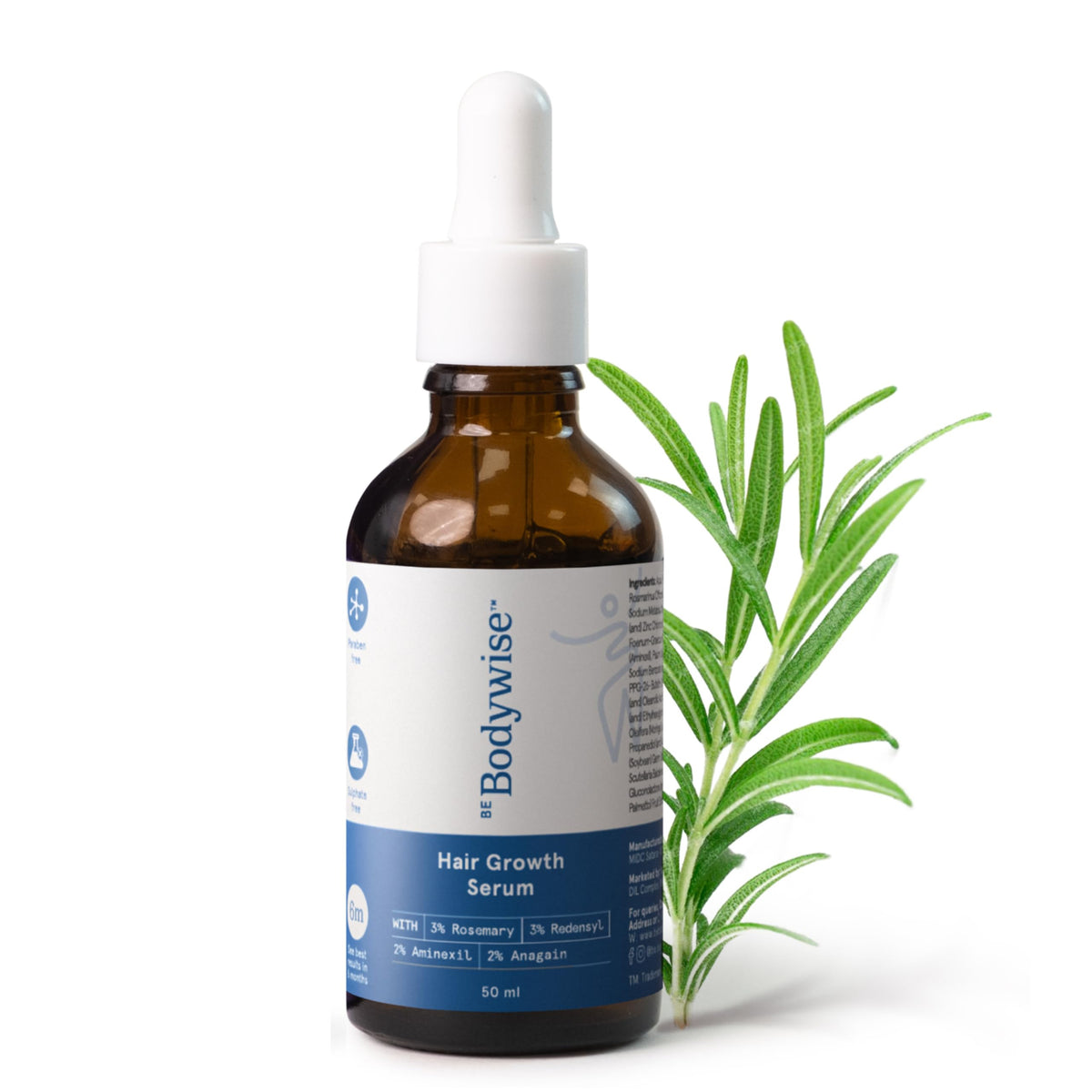 Be Bodywise Rosemary Hair Serum | With 3% Redensyl, 2% Aminexil, & 2% Anagain | For Thicker & Stronger Hair | Prevents Hair Fall & Stimulates Hair Follicles | For All Hair Types | 50ml