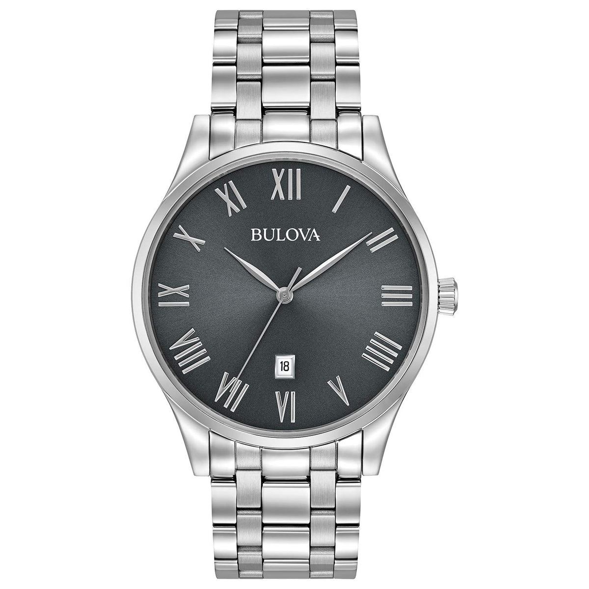 Bulova Men's Classic Stainless Steel 3-Hand Date Calendar Quartz Watch, Grey Dial with Roman Numeral Markers Style: 96B261, Stainless Steel, Classic Sutton Quartz Silver-Tone Stainless Steel Bracelet - Silver