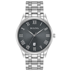 Bulova Men's Classic Stainless Steel 3-Hand Date Calendar Quartz Watch, Grey Dial with Roman Numeral Markers Style: 96B261, Stainless Steel, Classic Sutton Quartz Silver-Tone Stainless Steel Bracelet - Silver
