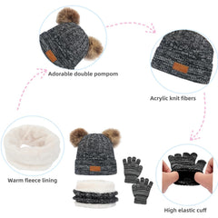 Kids Winter Hat Gloves Scarf Set for 2-6 Years Old - Warm Knit Pompom Beanie Cap Neck Warmer Gloves, Winter Warm Knitted Beanie Hat Scarf Gloves Set, Pure Plush - Black
